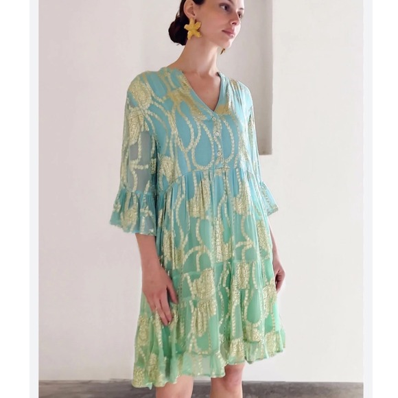 Debbie Katz South Beach Gold Angie lurex Tiered Mini Dress Aqua Turquoise Large - Picture 2 of 8